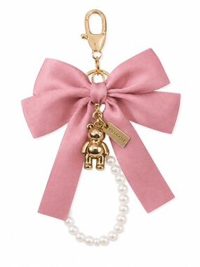 Coach Gold Teddy Bear w/ Pink Bow & Pearl Keyring/Bag Charm • NWT • AUTHENTIC